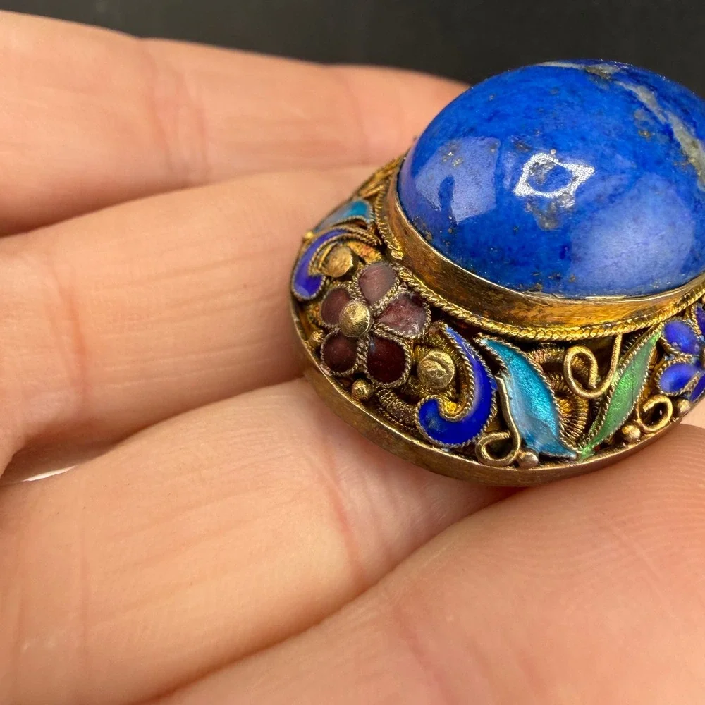 Vintage Chinese Export Enamel Filigree Brooch Blue Sterling Silver 925